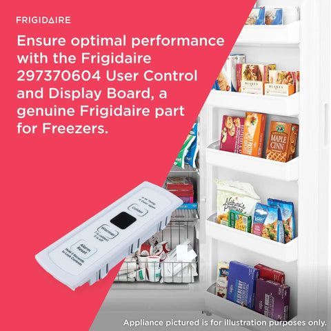 Replacement User Control And Display Board For Freezers Model 297370604 White Frigidaire OEM part in focus against freezer.