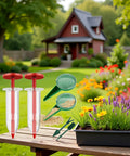 Six Piece Mini Seed Spreaders Set For Lawn And Garden, Handheld Seed Planter Tool Kit For Tiny Seeds on a garden table with flower bed backdrop