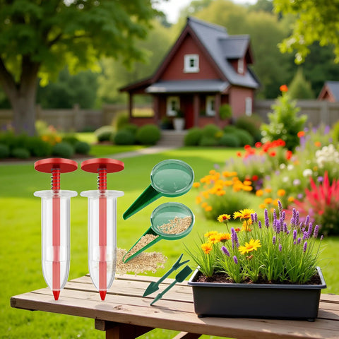 Six Piece Mini Seed Spreaders Set For Lawn And Garden, Handheld Seed Planter Tool Kit For Tiny Seeds on a garden table with flower bed backdrop