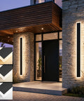 Aipsun 2 Packs Outdoor Wall Sconce, 3000K 4000K 6000K, 23.6in Modern Black Exterior Light illuminating entrance porch.