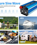 5000W Pure Sine Wave Inverter 12V DC To 110V 120V AC Converter with LCD display, ideal for RVs, yachts, and camping outdoors.