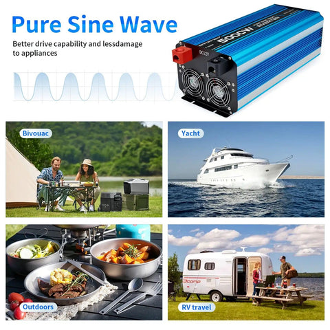 5000W Pure Sine Wave Inverter 12V DC To 110V 120V AC Converter with LCD display, ideal for RVs, yachts, and camping outdoors.