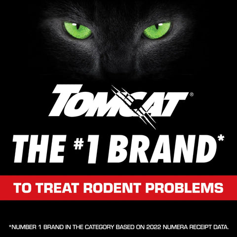 Proven Heavy Hitter Bromethalin Mouse And Rat Bait Blocks For Knockout Indoor And Outdoor Pest Control With Tamper Resistant Station Safety In Solid 4.25 Pound Bulk Pail on a black background with a cat's eyes.