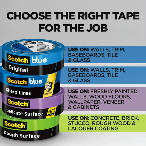 Stack of Scotch tapes for different surfaces: blue for sharp lines, purple for delicate surfaces, green for rough surfaces.