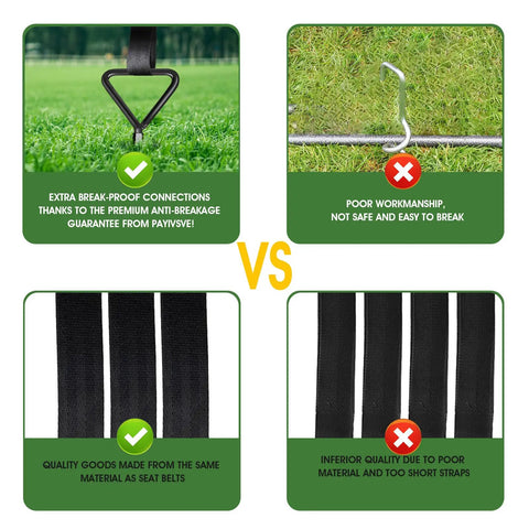 Comparison of Beefy Heavy Duty Trampoline Ground Anchors 4 Pack with Straps vs inferior anchors, highlighting quality and durability.