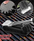 Three In One 18 Inch BBQ Grill Brush And Scraper Kit With Three Round Heads For 360 Degree Grate Cleaning shown on grill