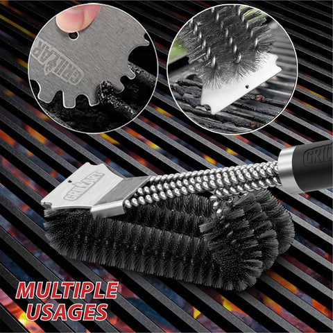 Three In One 18 Inch BBQ Grill Brush And Scraper Kit With Three Round Heads For 360 Degree Grate Cleaning shown on grill