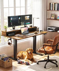 Premium Electric Standing Desk With Drawers And Monitor Shelf Adjustable Height Sit Stand Workstation Ergonomic Home Office Table Brown Finish with laptop and golden retriever.