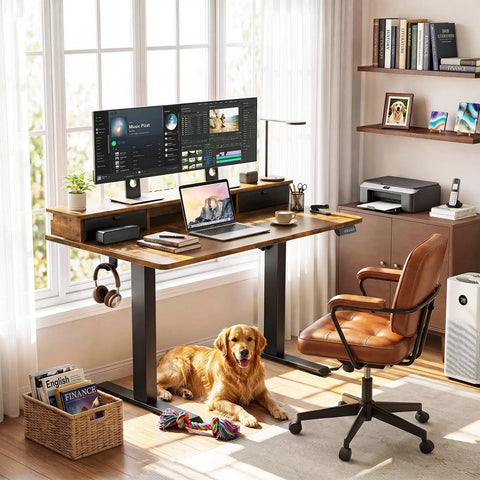 Premium Electric Standing Desk With Drawers And Monitor Shelf Adjustable Height Sit Stand Workstation Ergonomic Home Office Table Brown Finish with laptop and golden retriever.