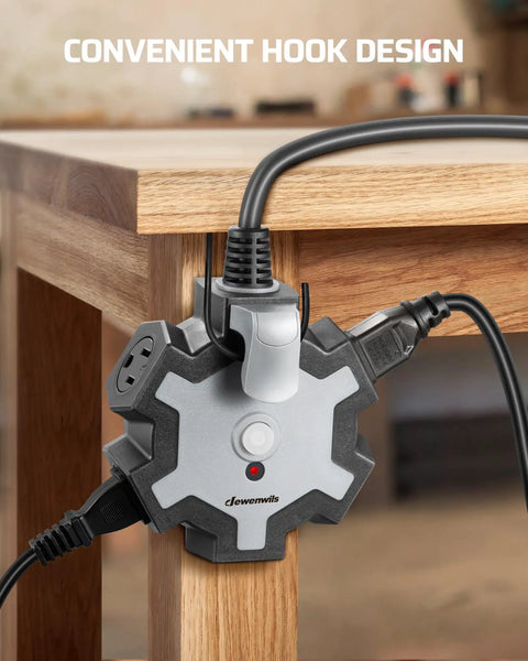 Heavy Duty 15 Feet Extension Cord With Five Outlet Power Hub For Workshop And Job Sites Fo Sho Reliable Overload Protection Built In Circular Layout Fits Bulky Plugs Straight Up Essential Gear with convenient hook design on wooden table.