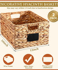 Two Pack Wicker Storage Baskets Rectangular Water Hyacinth Organizer For Shelving Foldable Woven Pantry Baskets, dimensions 16x12x8 inches