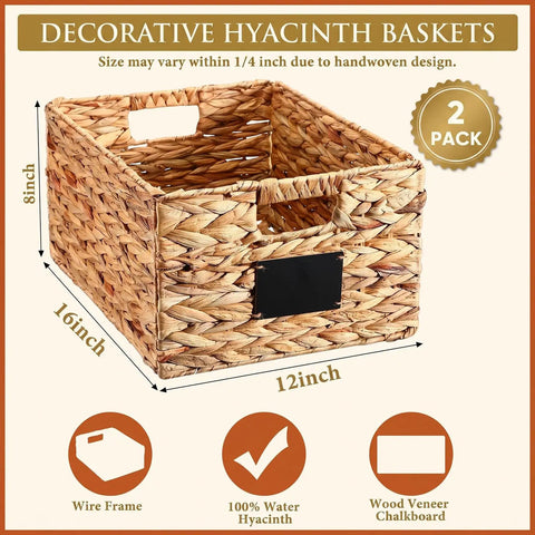 Two Pack Wicker Storage Baskets Rectangular Water Hyacinth Organizer For Shelving Foldable Woven Pantry Baskets, dimensions 16x12x8 inches