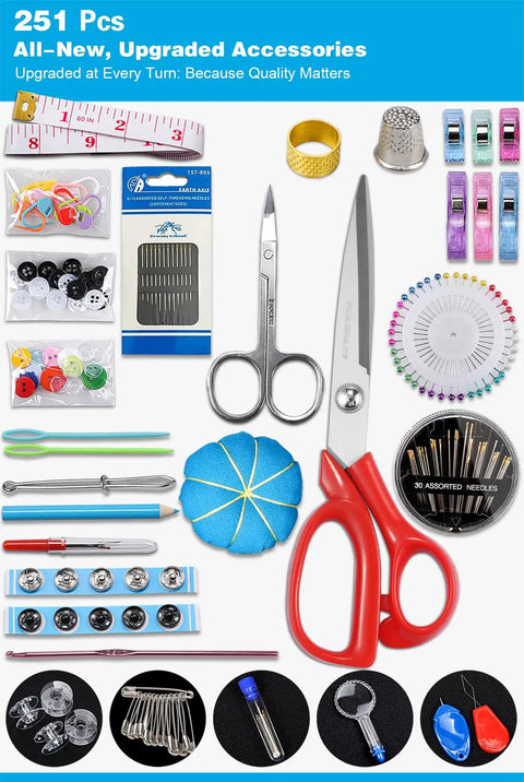 251 Pcs Premium Sewing Supplies Set For Adults Upgraded With Longer Threads And More Spools Travel Ready Emergency And Home Repair Kit For Beginners Comprehensive Hand Sewing Kit With Buttons Needles Thread Scissors And Tools All In One displayed in open case.