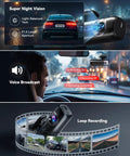 F9 Dual Dash Cam 4K Front And Rear 1080P With WiFi GPS App Control Night Vision showing super night vision and loop recording features