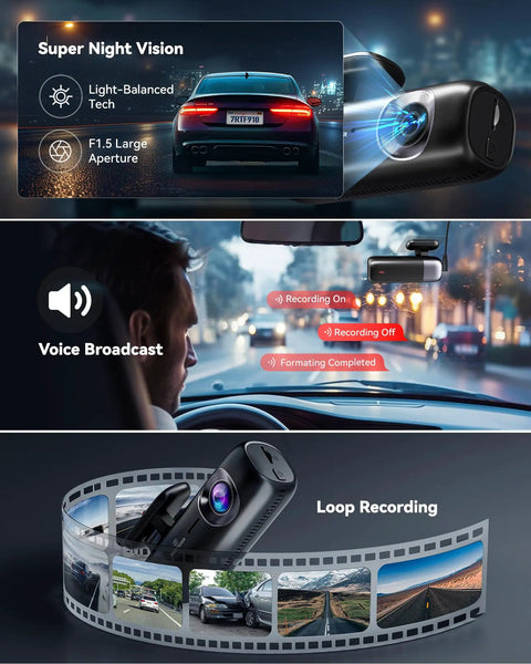 F9 Dual Dash Cam 4K Front And Rear 1080P With WiFi GPS App Control Night Vision showing super night vision and loop recording features