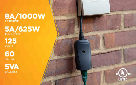 Weatherproof Outdoor Outlet Switch With Wireless Remote Controller installed on brick wall, power ratings displayed