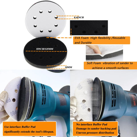 Close-up of 32 Piece 5 Inch Pro Grade Sanding Discs Hook And Loop 8 Hole Wet Dry Sandpaper with blue random orbital sander.