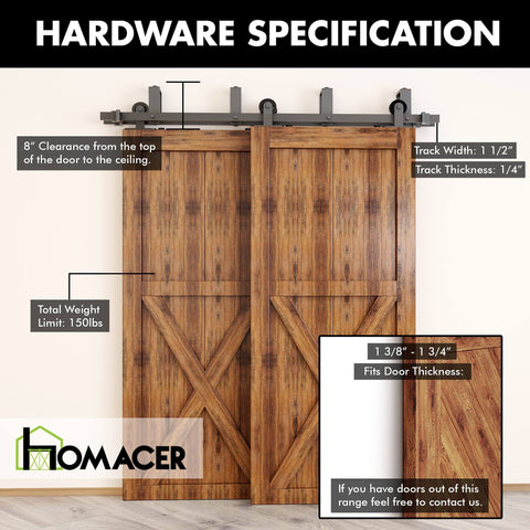 Black Rustic Double Track U Shape Bypass Sliding Barn Door Hardware Kit For Two Doors 6.6ft Long Flat Track With T Shape Rollers