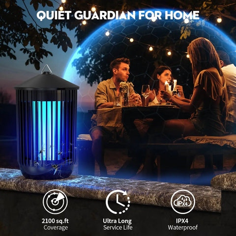 Powerful Indoor Outdoor Bug Zapper With 20W UV Light Mosquito Traps And 4200V Grid For Patio Garage Backyard Porch IPX4 Waterproof Mosquito Killer That Keeps Family Safe From Bites on patio at night view