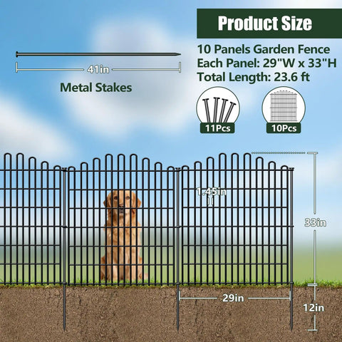 No Dig 10 Panel Decorative Garden Fence Set featuring classic arched top design, rustproof iron wire panels 33 inch high by 23.6 foot long.