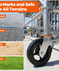 Set Of Four 8 Inch Workhorse Scaffolding Wheels With 1 3/8 Inch Solid Stem Providing 1100 Lb Load Rating Each Feature dual locking pins, shown on various terrains.