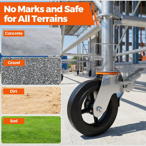 Set Of Four 8 Inch Workhorse Scaffolding Wheels With 1 3/8 Inch Solid Stem Providing 1100 Lb Load Rating Each Feature dual locking pins, shown on various terrains.