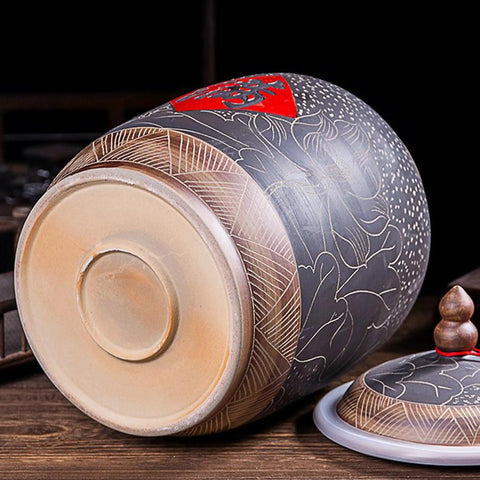 Bottom view of Premium Ceramic Rice Storage Container With Wooden Base Airtight Kitchen Canister For Flour And Grains Artful Chinese Design.