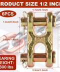 Close-up of Heavy Duty 6 Pack 3/8 Inch G70 Alloy Steel Safety Chain Repair Links Forged Twin Clevis Connector, 6600 Lbs capacity.