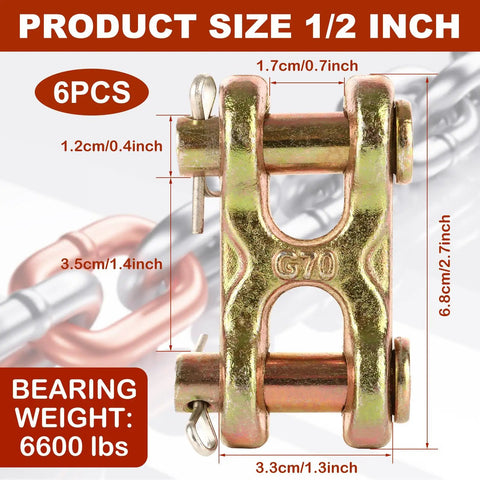 Close-up of Heavy Duty 6 Pack 3/8 Inch G70 Alloy Steel Safety Chain Repair Links Forged Twin Clevis Connector, 6600 Lbs capacity.