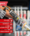 Hand holding 10.1 oz cartridge of black silicone sealant caulk for indoor and outdoor use, 4 pack, in action for sealing