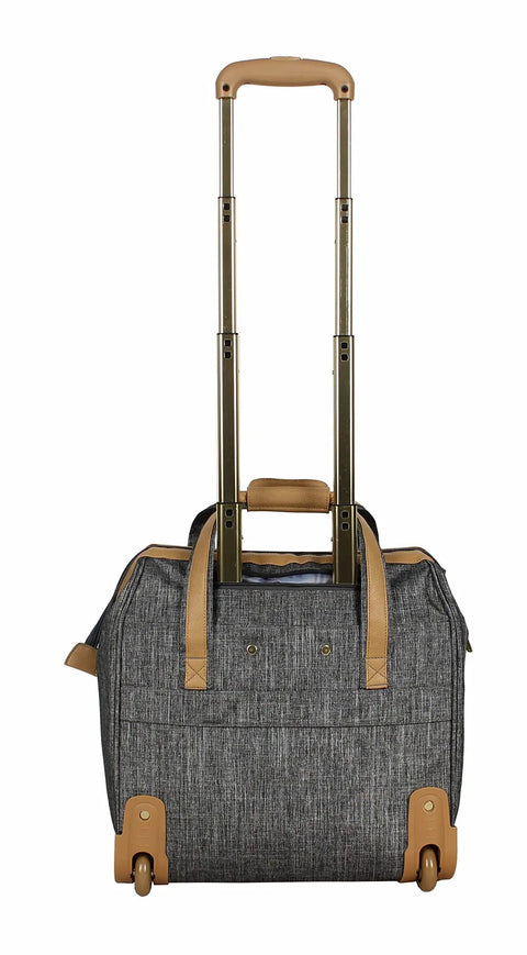 Back view of Paige Silver underseat carry-on luggage for women, 15 inch lightweight bag with 2 spinner wheels, nylon briefcase style