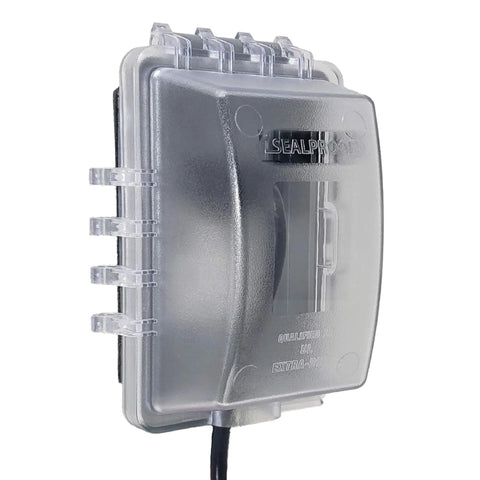Side view of Weatherproof 1 Gang Exterior In Use Outlet Cover And Box Kit With Lockable Extra Duty Metallic Box For Outdoor Use Horizontal Or Vertical