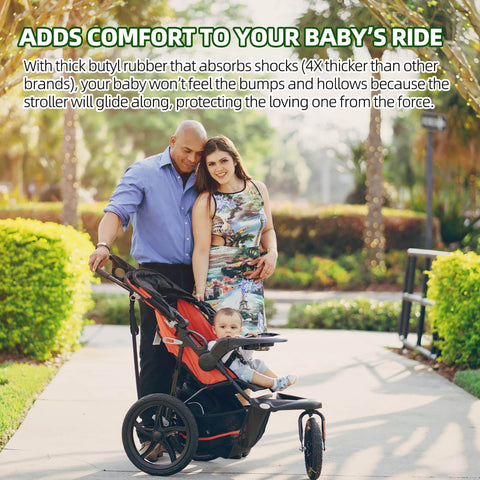 Family strolling with 12.5 Inch Front And 16 Inch Rear Wheel Replacement Tubes And Tires For Strollers Durable Butyl Rubber BPA Free