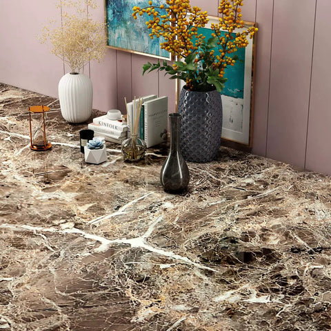 Extra Wide 36 Inch By 160 Inch Light Emperador Marble Contact Paper Peel And Stick For Kitchen Countertops Cabinets Tables Desks And Worktops Waterproof And Heat Resistant No Fuss Removable Easy To Apply on tabletop with decorations.