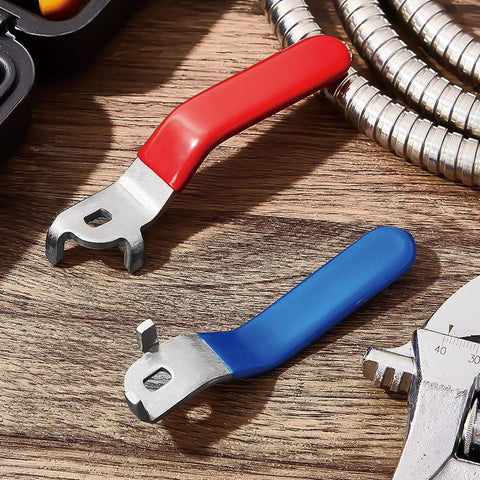 Red lever handle for ball valve replacement for outdoor faucet, shown next to a blue handle, plastic grip, 138mm length.