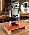 Killer Precision Router Lift System With 3.5 Inch Carriage For DeWalt Bosch Porter Cable Craftsman Tables shown on workbench.