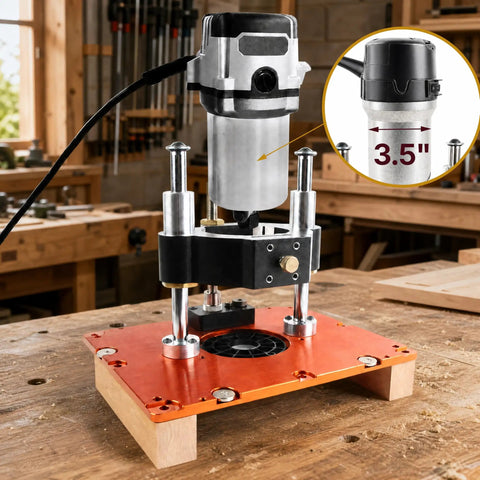Killer Precision Router Lift System With 3.5 Inch Carriage For DeWalt Bosch Porter Cable Craftsman Tables shown on workbench.