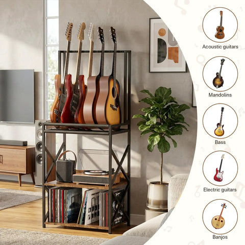Show Off Your Sweet Guitar Collection With This Super Cool 3 Tier Music Stand, holding various guitars in a stylish music setup.