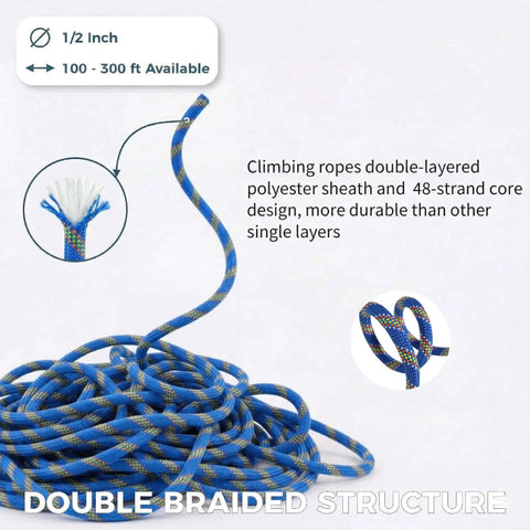 Double Braided Arborist Rigging Rope 1/2 Inch by 100 Feet Heavy Duty 48 Strand Polyester Static Rope for Tree Work