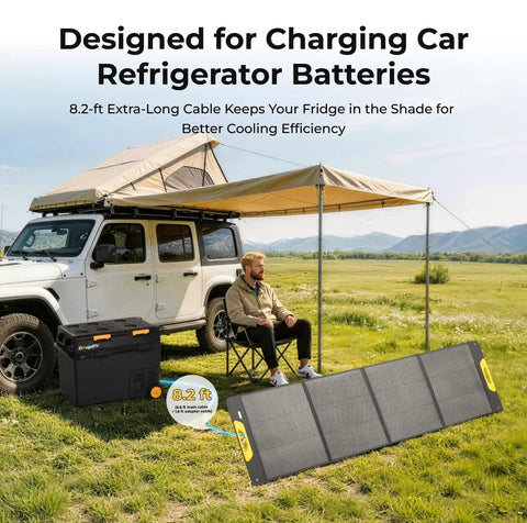 Man camping with 200W Portable Solar Panel With N Type Cells Foldable Fiberglass Reinforced Construction in outdoor setup