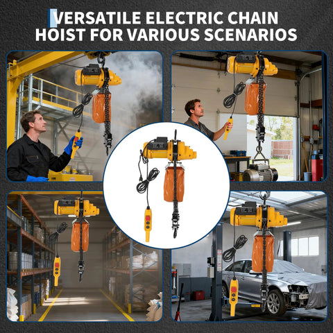 2200 Lb Electric Chain Hoist With 120V Single Phase Overhead Crane G100 Chain 10 Ft Lifting Height shown in various settings