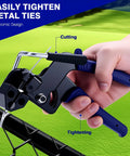 Person using Beefy Pro Grade Heavy Duty Stainless Steel Cable Tie Gun Kit With 200 Pieces Of 11.8 Inch Metal Zip Ties on fence.