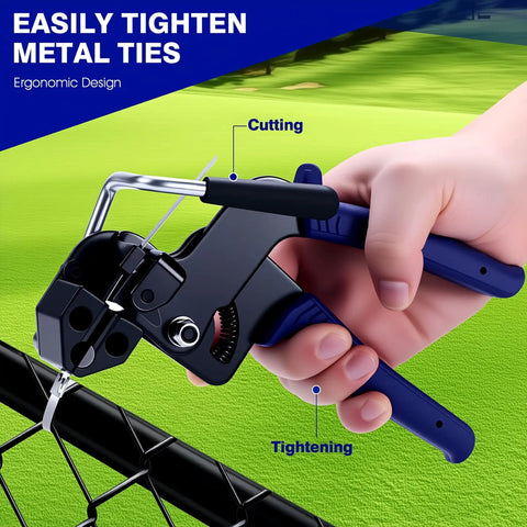 Person using Beefy Pro Grade Heavy Duty Stainless Steel Cable Tie Gun Kit With 200 Pieces Of 11.8 Inch Metal Zip Ties on fence.