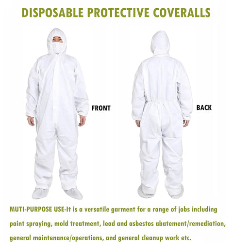 Front and back view of Pack Of 5 3XL Disposable Protective Coveralls With Hood And Elastic Cuffs For Spray Painting And Cleaning Work