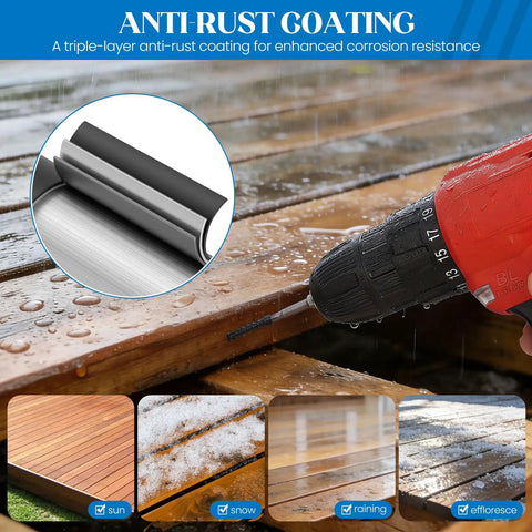 Premium Go To Hidden Deck Screws 10 X 1 7/8 Inch 123 Pcs with anti-rust coating on wooden deck under rain.