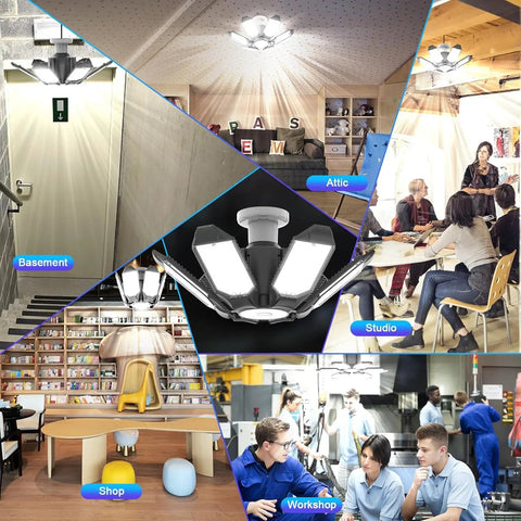 4 Pack 220W LED Garage Lights Deformable Ceiling Shop Lights With E26 Base installed in various settings like attic, workshop, and shop.
