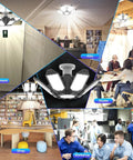 Deformable LED Garage Lights With E26 Base Ultra Bright 220W Seven Plus One LED Panels in various settings.