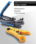 Coax Cable Crimping And Stripping Kit For RG6 RG59 RG11 with adjustable stripping blade and anti slip handle, shown with tools.