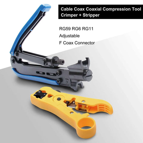 Coax Cable Crimping And Stripping Kit For RG6 RG59 RG11 with adjustable stripping blade and anti slip handle, shown with tools.