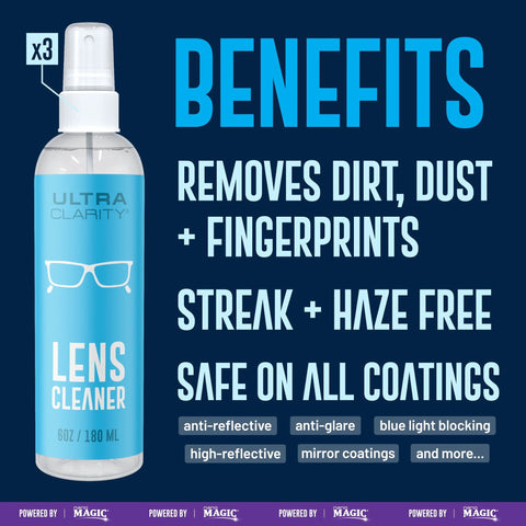 Front view of a clear plastic 6 oz lens cleaner spray bottle with a blue label reading LENS CLEANER and glasses icon